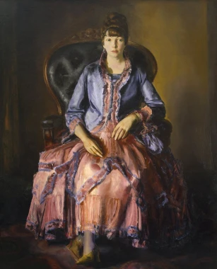 Reproduction of Emma in a Purple Dress by George Bellows - Graphic design featuring a woman in a dark setting.