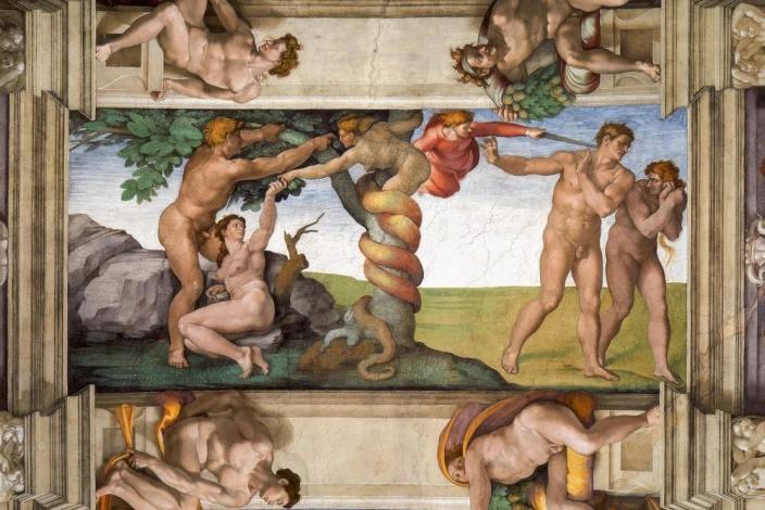 Reproduction of Expulsion from Paradise by Michelangelo - Graphic design featuring dynamic human figures.