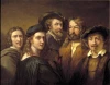 Reproduction of Fem konstnarer, Rembrandt - Graphic design featuring five men and one woman in historical costumes.