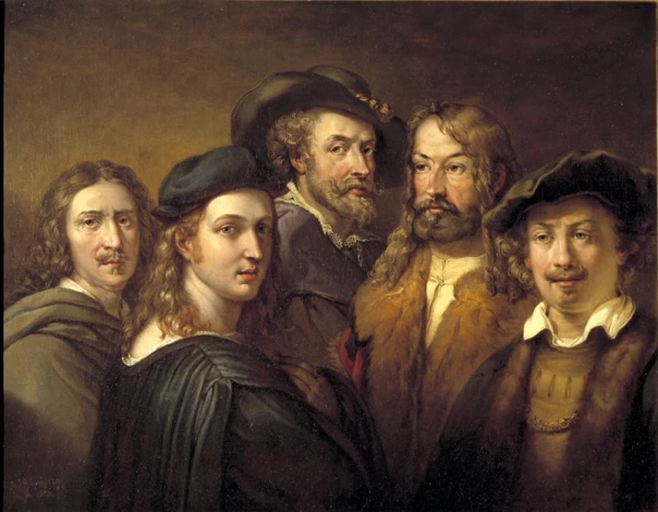 Reproduction of Fem konstnarer, Rembrandt - Graphic design featuring five men and one woman in historical costumes.
