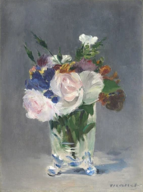 Reproduction of Flowers in a Crystal Vase by Edouard Manet - Floral composition with various shapes and colors.