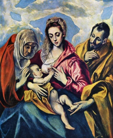 Reproduction of Holy Family by El Greco - Graphic design featuring Mary, Joseph, and Child in vibrant colors.