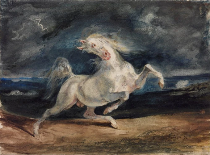 Reproduction of Horse Frightened by Lightning, Eugene Delacroix - Graphic design featuring a white horse in motion.