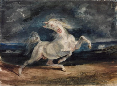 Reproduction of Horse Frightened by Lightning, Eugene Delacroix - Graphic design featuring a white horse in motion.