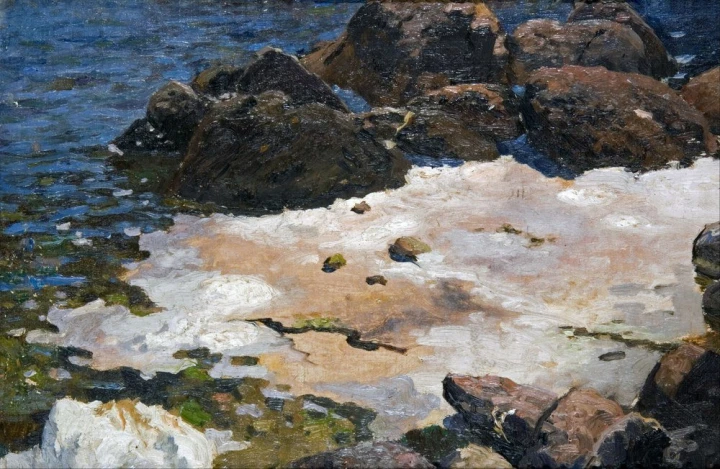 Reproduction of Crimea - seaside, by Ferdynand Ruszczyc. The image depicts rocks by the sea with white accents.