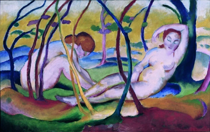 Reproduction of Nudes under Trees by Franz Marc - Graphic design featuring two nude figures among trees in vibrant colors.