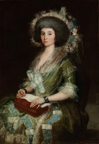 Reproduction of Portrait of Senora Cean Bermudez by Francisco Goya. Woman in a green dress with white accents.