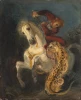 Reproduction of Rider Attacked by a Jaguar, Eugene Delacroix - Graphic design. A man on a white horse fights a jaguar.