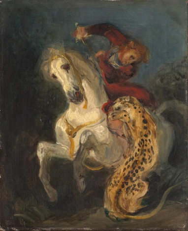 Reproduction of Rider Attacked by a Jaguar, Eugene Delacroix - Graphic design. A man on a white horse fights a jaguar.