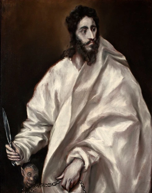 Reproduction of St. Bartholomew by El Greco. A man in a white robe holding a knife and a chain.