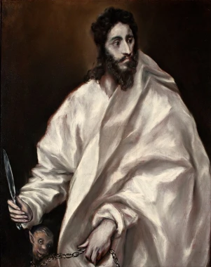 Reproduction of St. Bartholomew by El Greco. A man in a white robe holding a knife and a chain.