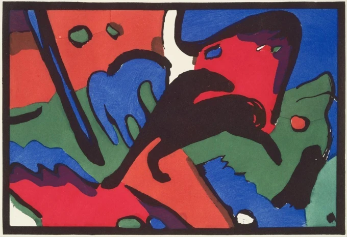 Reproduction of The Blue Rider by Wassily Kandinsky - Graphic pattern in dynamic red, blue, green, and black colors.