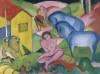 Reproduction of The Dream by Franz Marc - Graphic pattern. Woman sits against a backdrop of colorful horses and animals, with geometric shapes.