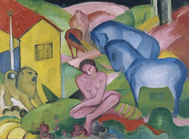 Reproduction of The Dream by Franz Marc - Graphic pattern. Woman sits against a backdrop of colorful horses and animals, with geometric shapes.