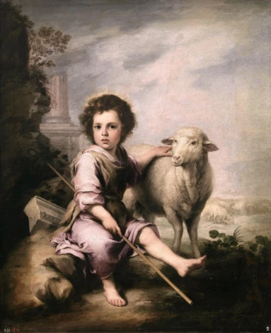 Reproduction of The Good Shepherd by Bartolome Esteban Murillo. A boy in a pink robe sits beside a sheep.