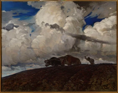 Graphic print of Earth by Ferdynand Ruszczyc. The image features a landscape with clouds, cows, and a figure.