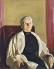 Reproduction of A Grandmother by George Bellows - Graphic design featuring an elderly woman in light clothing against a solid background.