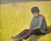 Reproduction of "Boy Sitting on a Meadow" by Georges Seurat - Graphic pattern. Boy sits on grass with background.