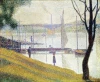 Reproduction of Bridge of Courbevoie by Georges Seurat. The image features water, boats, and figures against a tree backdrop.