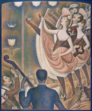 Can-can reproduction by Georges Seurat. Two dancers in colorful costumes with musicians in the background.