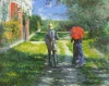 Reproduction of Chemin montant by Gustave Caillebotte - Graphic design featuring two people walking on a path, one with an umbrella.