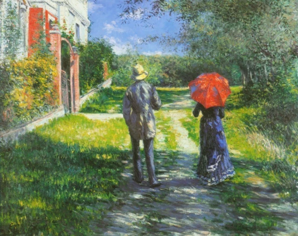 Reproduction of Chemin montant by Gustave Caillebotte - Graphic design featuring two people walking on a path, one with an umbrella.