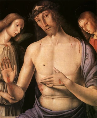 Christ with two angels, Raphael Santi - Graphic print. Depicts Christ and angels.