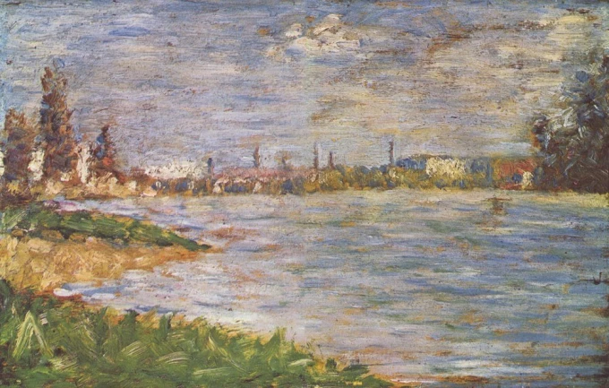 Reproduction of Die beiden Ufer by Georges Seurat - Graphic design. The image depicts a river with banks, trees, and buildings.