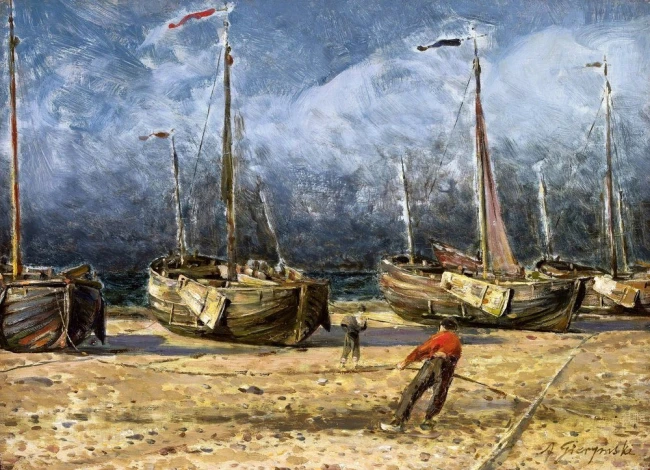 Fishing boats by the sea, Gierymski Aleksander - Graphic design. The image shows boats on the shore.