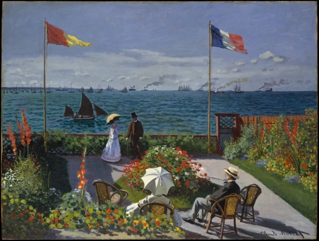 Reproduction of Garden at Sainte-Adresse by Claude Monet. The image depicts people in a garden, flags, and boats.