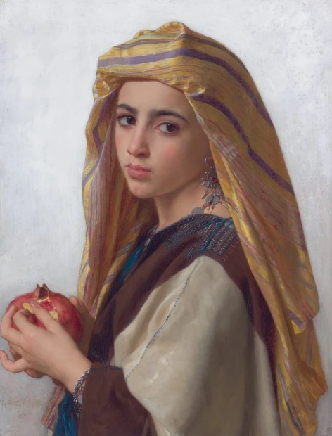Reproduction of Girl with a Pomegranate by William-Adolphe Bouguereau - Graphic design featuring a woman holding a pomegranate.