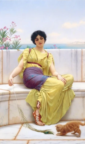 Reproduction of Idleness by William Godward. A woman in a light dress sits on a marble wall with a cat beside her.