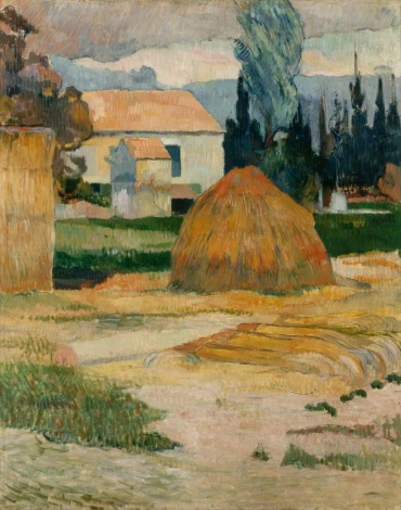 Reproduction of Landscape near Arles by Paul Gauguin. The artwork depicts a rural scene with houses and trees.