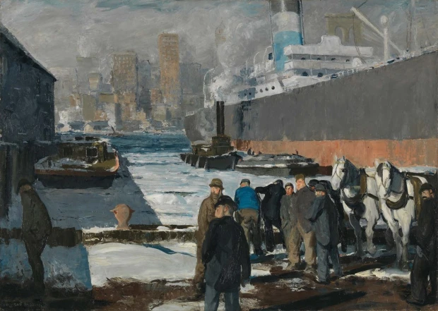 Men of the Docks reproduction by George Bellows - Graphic design featuring men at work, ships, horses, and port buildings.