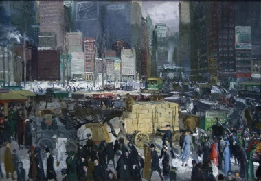 New York reproduction by George Bellows - Graphic design of a cityscape with crowds, vehicles, and tall buildings.