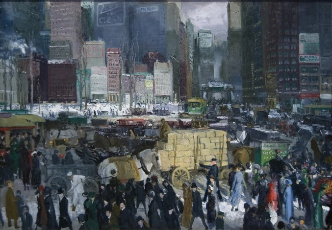 New York reproduction by George Bellows - Graphic design of a cityscape with crowds, vehicles, and tall buildings.