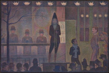 Reproduction of Parade de cirque by Georges Seurat - Graphic design featuring characters in costumes on a circus stage.