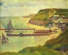 Reproduction of Port-en-Bessin by Georges Seurat. The artwork depicts a harbor with boats, cliffs, and houses.