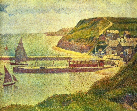 Reproduction of Port-en-Bessin by Georges Seurat. The artwork depicts a harbor with boats, cliffs, and houses.
