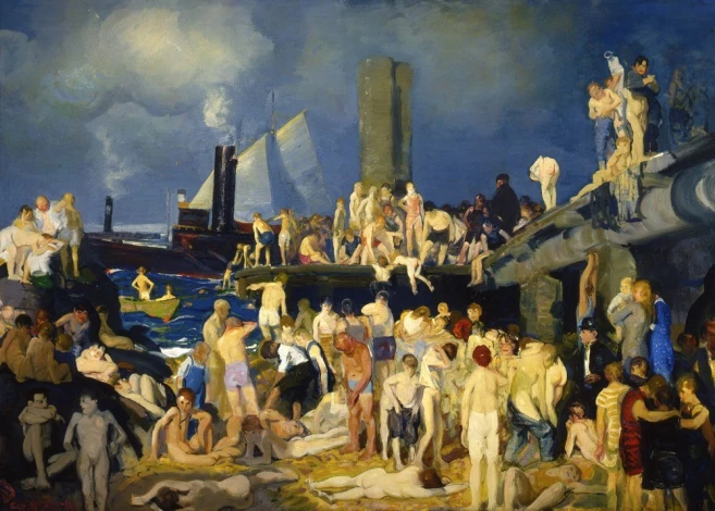 Reproduction of River Front No 1 by George Bellows - Graphic design featuring groups of people by the riverbank.