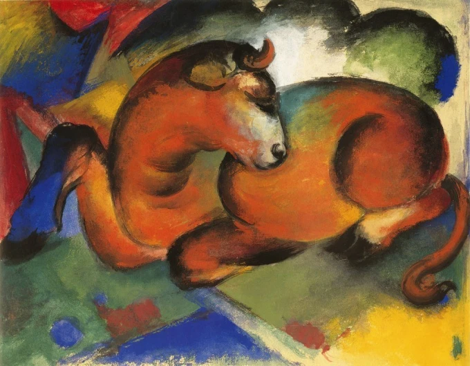 Franz Marc\'s Roter Stier reproduction - a graphic design featuring an orange bull against a colorful background.