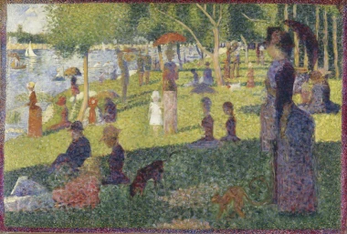 Reproduction of Study for A Sunday on La Grande Jatte by Georges Seurat. Scene depicts people in a park with trees.