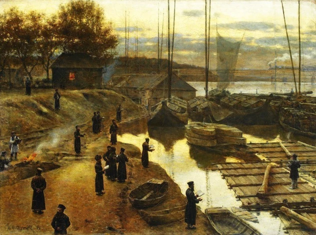 Reproduction of "The Festival of Trumpets" by Aleksander Gierymski. The image depicts a scene by the water with figures and boats.