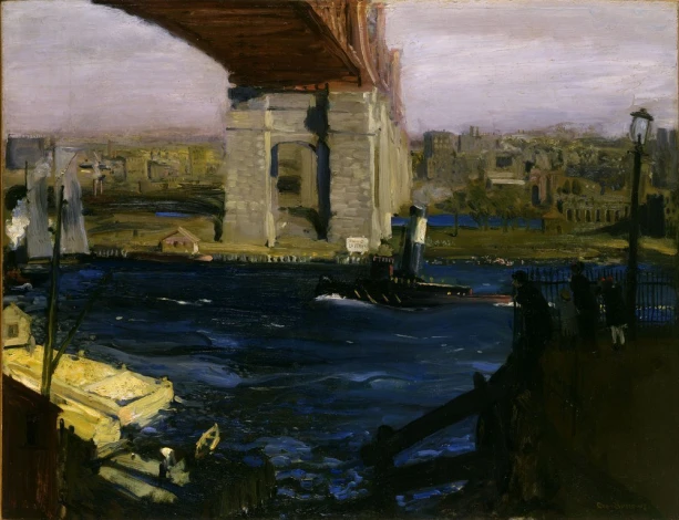 Reproduction of The Bridge, Blackwells Island by George Bellows. Artwork features a river bridge and boats.