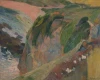 Reproduction of The Flageolet Player on the Cliff by Paul Gauguin. The image features a cliff with green hills.
