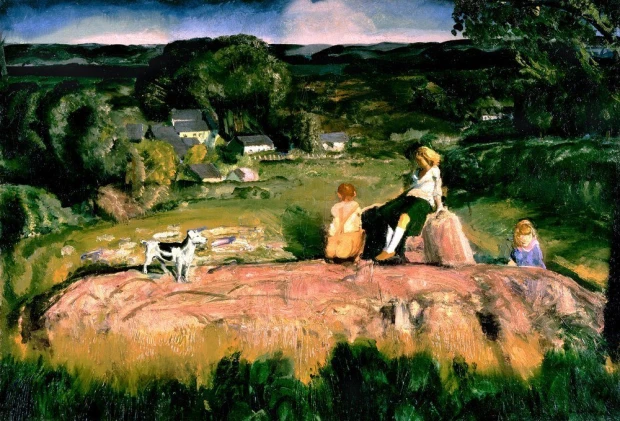 Reproduction of Three Children by George Bellows - Graphic design. Three children sit on a rock with houses in the background.