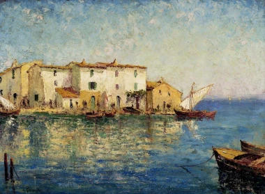 Reproduction of Venice view by Aleksander Gierymski. The image shows buildings by the water, boats, and reflections.