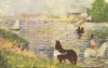 Reproduction of Weisses und schwarzes Pferd im Fluss by Georges Seurat. Artwork features a river with horses and boats.