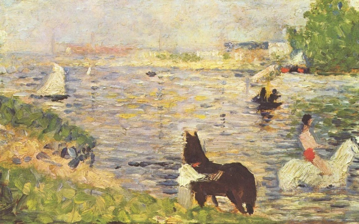 Reproduction of Weisses und schwarzes Pferd im Fluss by Georges Seurat. Artwork features a river with horses and boats.