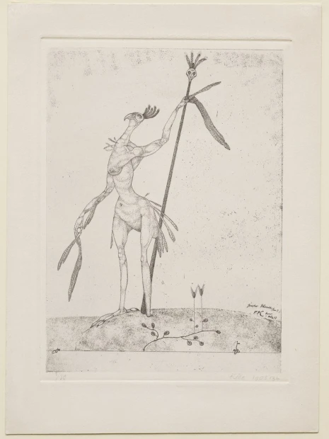 Aged Phoenix reproduction - Invention 9 by Paul Klee. Graphic design featuring a long-limbed figure holding a stick.
